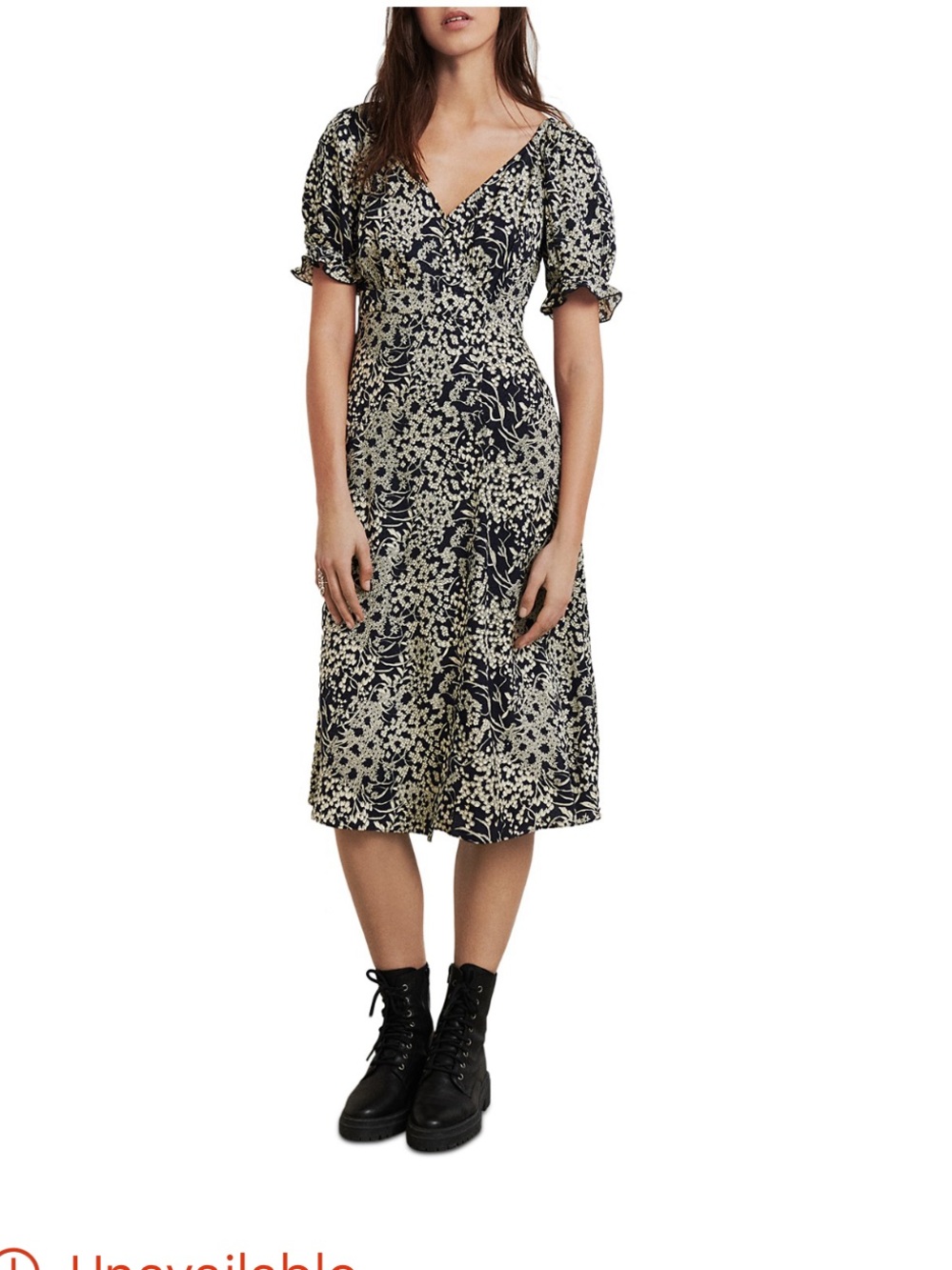Ba&sh Matcha navy and white floral midi wrap around dress with puff sleeves